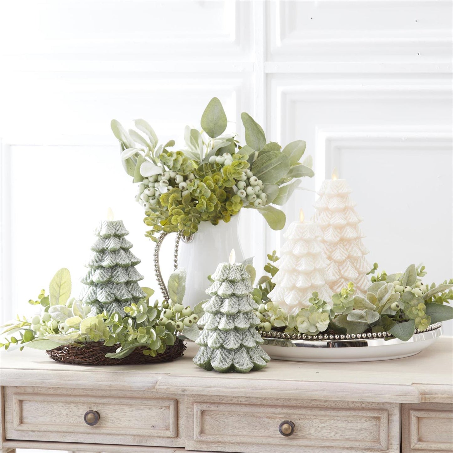 8.5"- Green Wax Snowy Tree Luminara Indoor Candle
