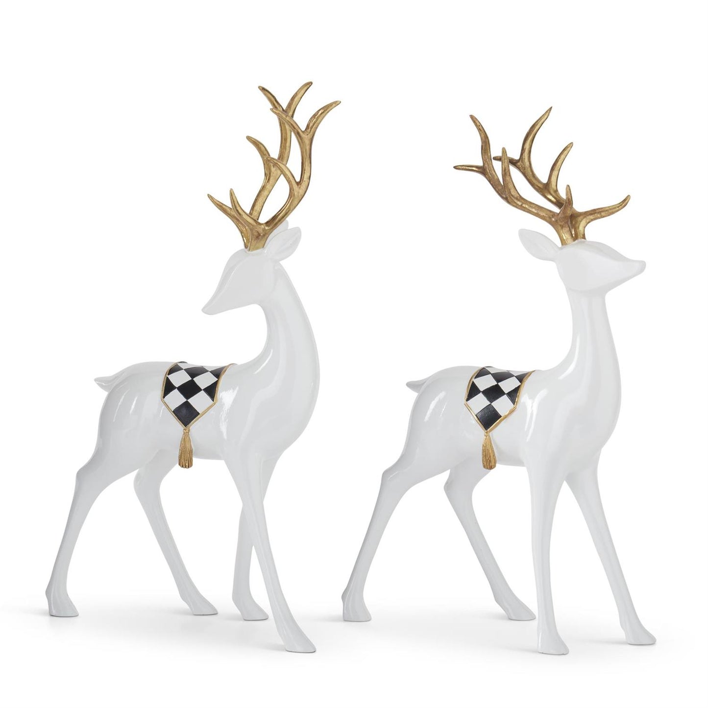 Set of 2 Glossy White Deer with Gold Antlers & Harlequin Banners – Elegant Christmas Décor