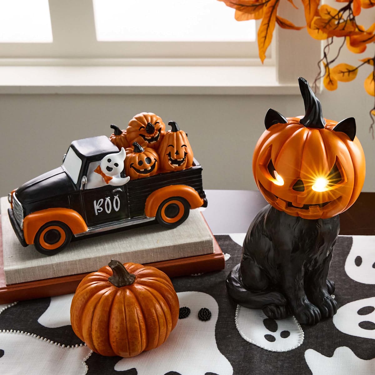 11" Black Cat with Pumpkin Face Halloween Decor