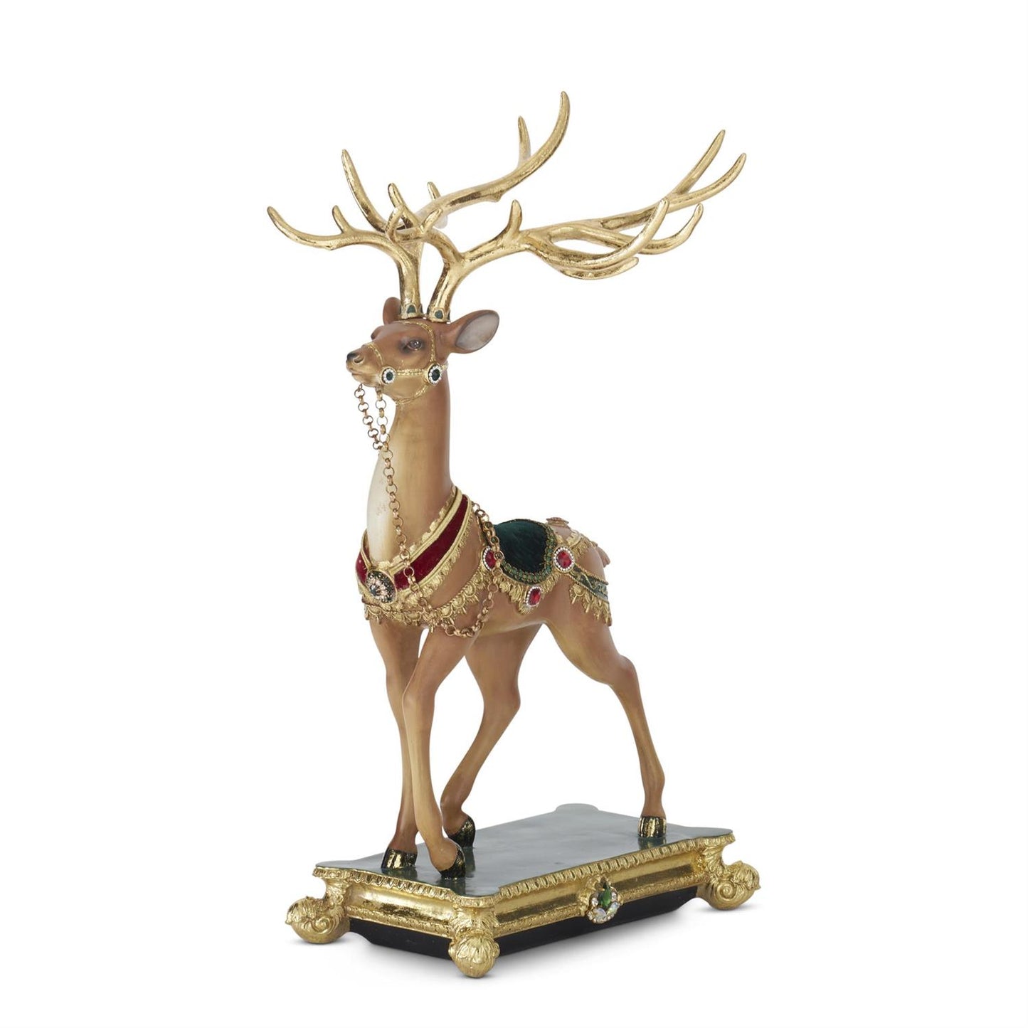 21" Luxurious Green & Gold Jeweled Reindeer Figurine – Elegant Christmas Décor