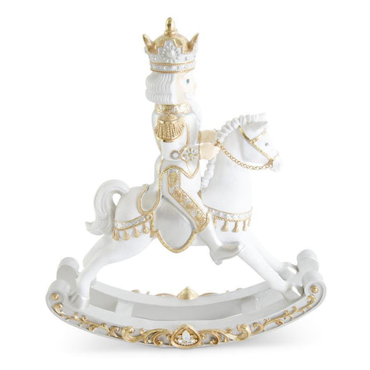 20" White, Gold & Silver Glittered Nutcracker on Rocking Horse – Elegant Christmas Décor