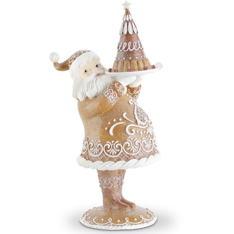 17" Glittered Gingerbread Santa Holding Cake – Brown Resin Christmas Figurine