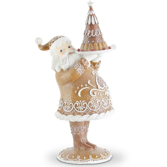 17" Glittered Gingerbread Santa Holding Cake – Brown Resin Christmas Figurine