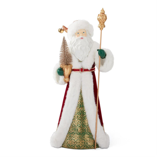 21" Burgundy & Green Santa with Gold Glittered Tree & Staff – Elegant Christmas Figurine
