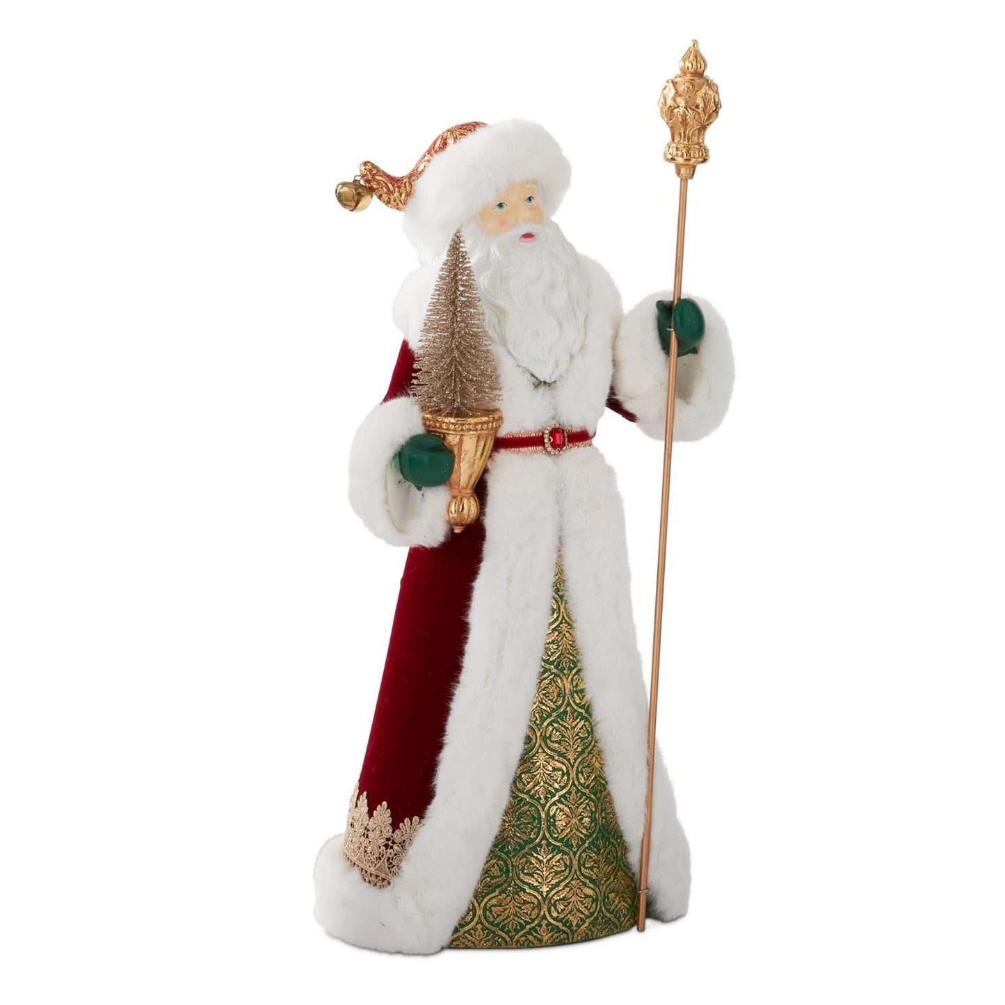 21" Burgundy & Green Santa with Gold Glittered Tree & Staff – Elegant Christmas Figurine