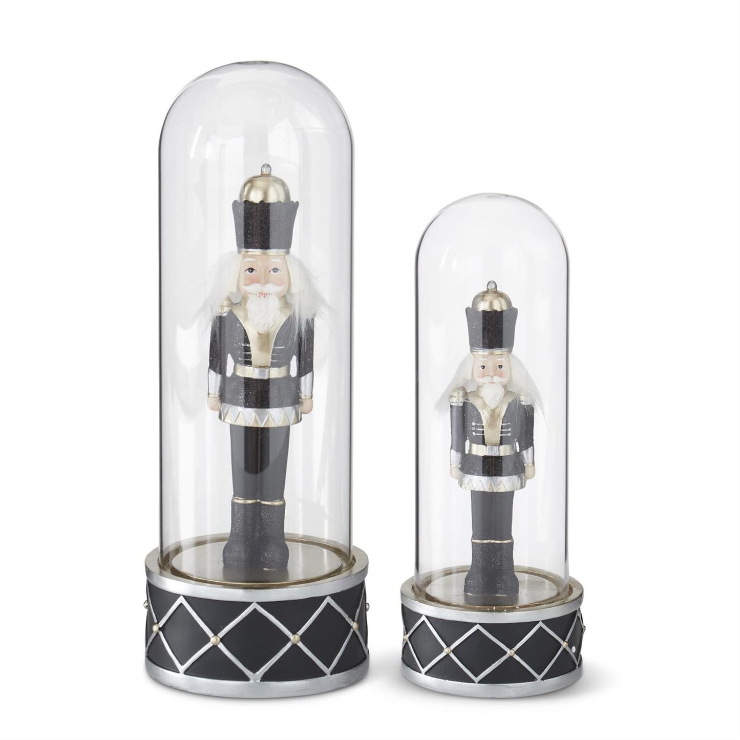Set of 2 Black & Gold Nutcracker Soldiers Under Glass Cloche – Elegant Christmas Décor