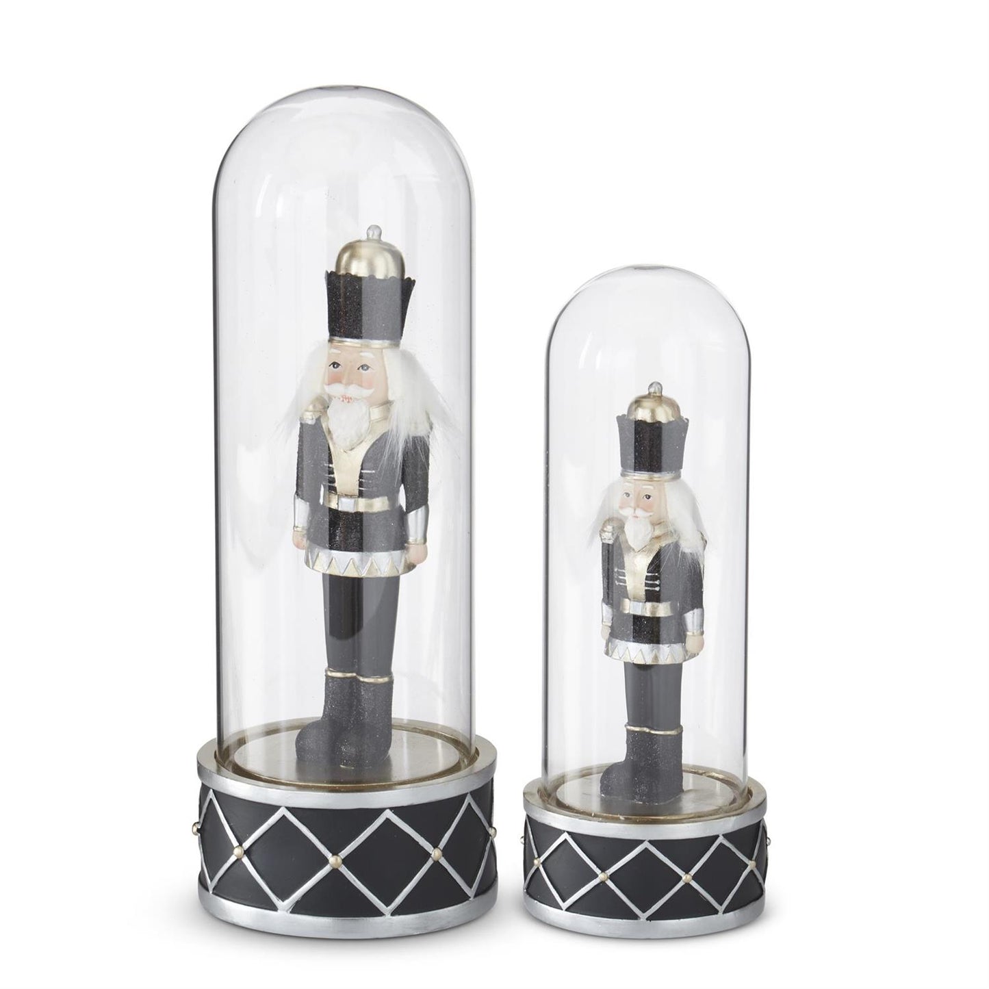 Set of 2 Black & Gold Nutcracker Soldiers Under Glass Cloche – Elegant Christmas Décor