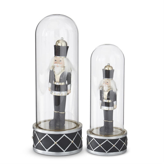 Set of 2 Black & Gold Nutcracker Soldiers Under Glass Cloche – Elegant Christmas Décor