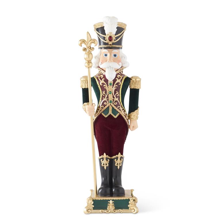 35.25" Green & Burgundy Velvet Nutcracker Soldier with Staff – Grand Christmas Figurine