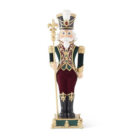 35.25" Green & Burgundy Velvet Nutcracker Soldier with Staff – Grand Christmas Figurine