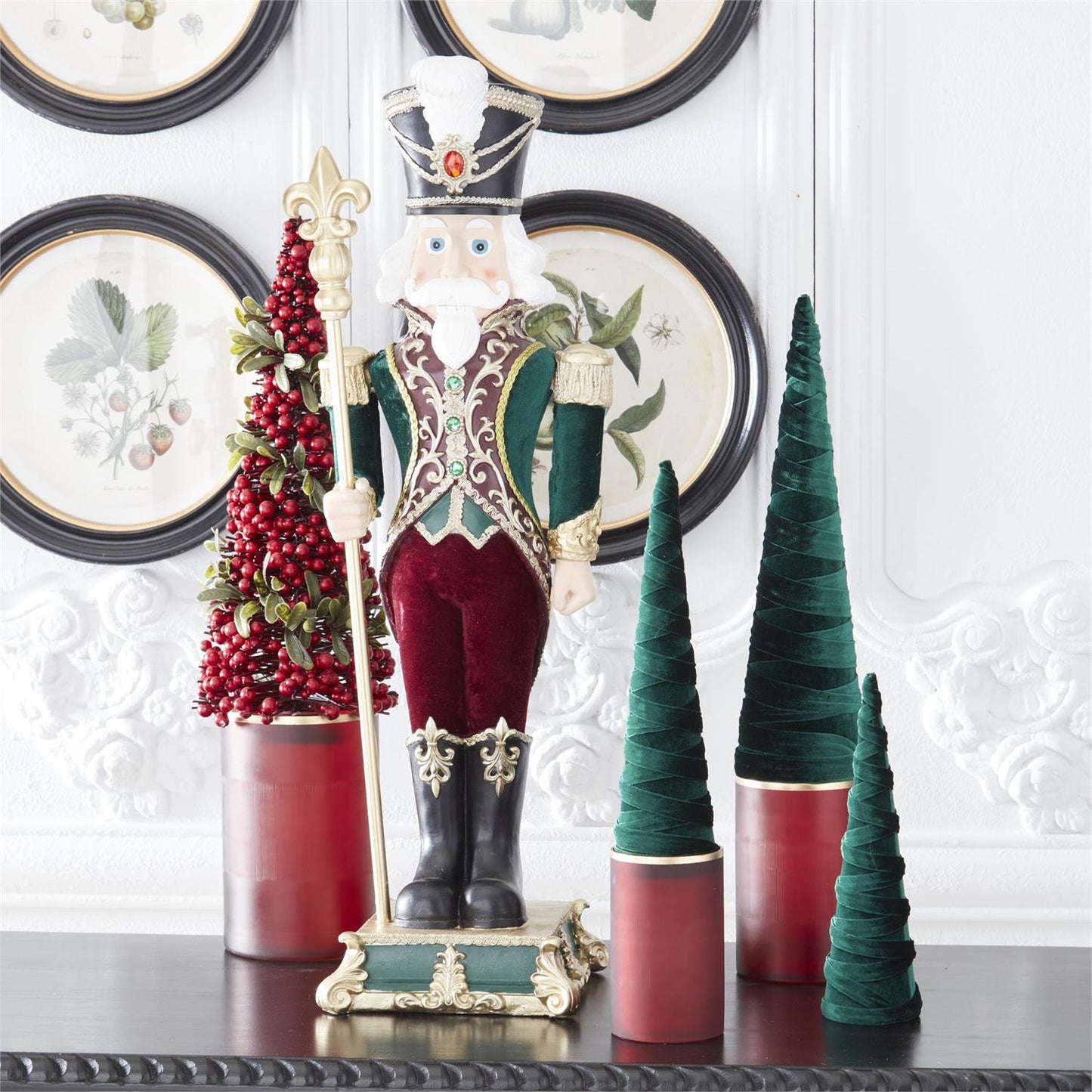 35.25" Green & Burgundy Velvet Nutcracker Soldier with Staff – Grand Christmas Figurine