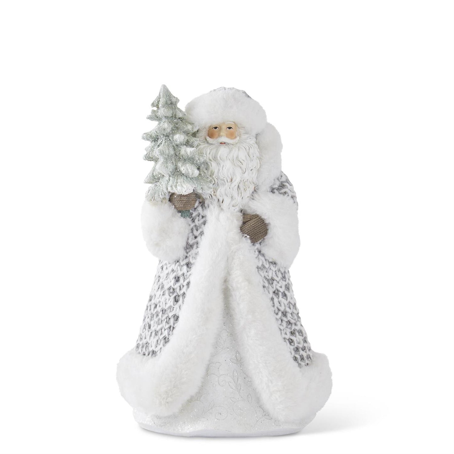 10" Gray Knit Coat Santa with Glittered Tree – Fur Trimmed Resin Christmas Figurine