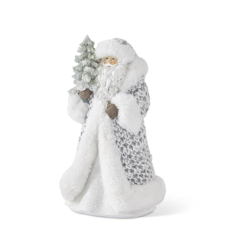 10" Gray Knit Coat Santa with Glittered Tree – Fur Trimmed Resin Christmas Figurine