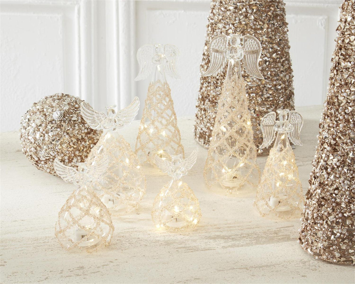 5.25" Glass Lattice Gold Bead LED Angel Ornament with Timer – Elegant Lighted Christmas Decoration