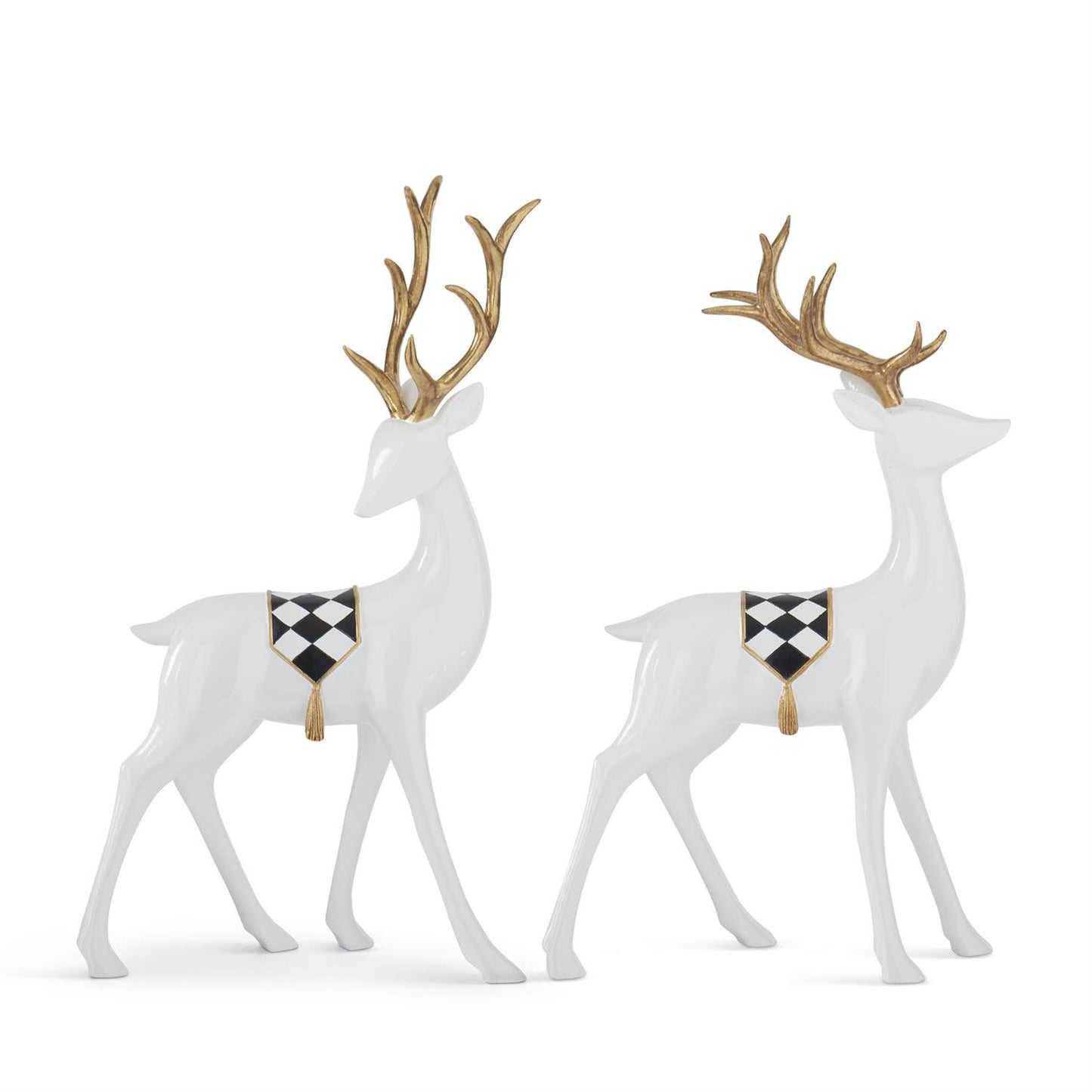 Set of 2 Glossy White Deer with Gold Antlers & Harlequin Banners – Elegant Christmas Décor