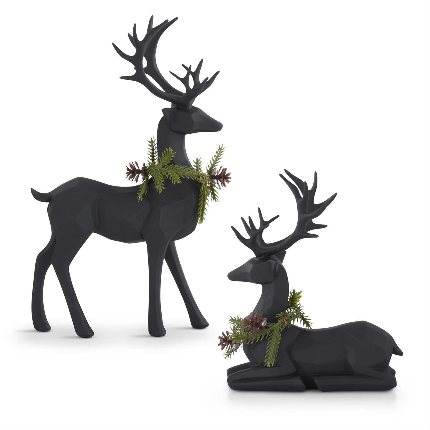 Set of 2 Matte Black Modern Deer with Pine Wreaths – Contemporary Christmas Décor
