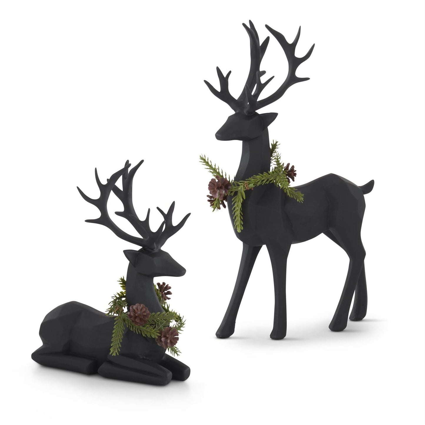 Set of 2 Matte Black Modern Deer with Pine Wreaths – Contemporary Christmas Décor