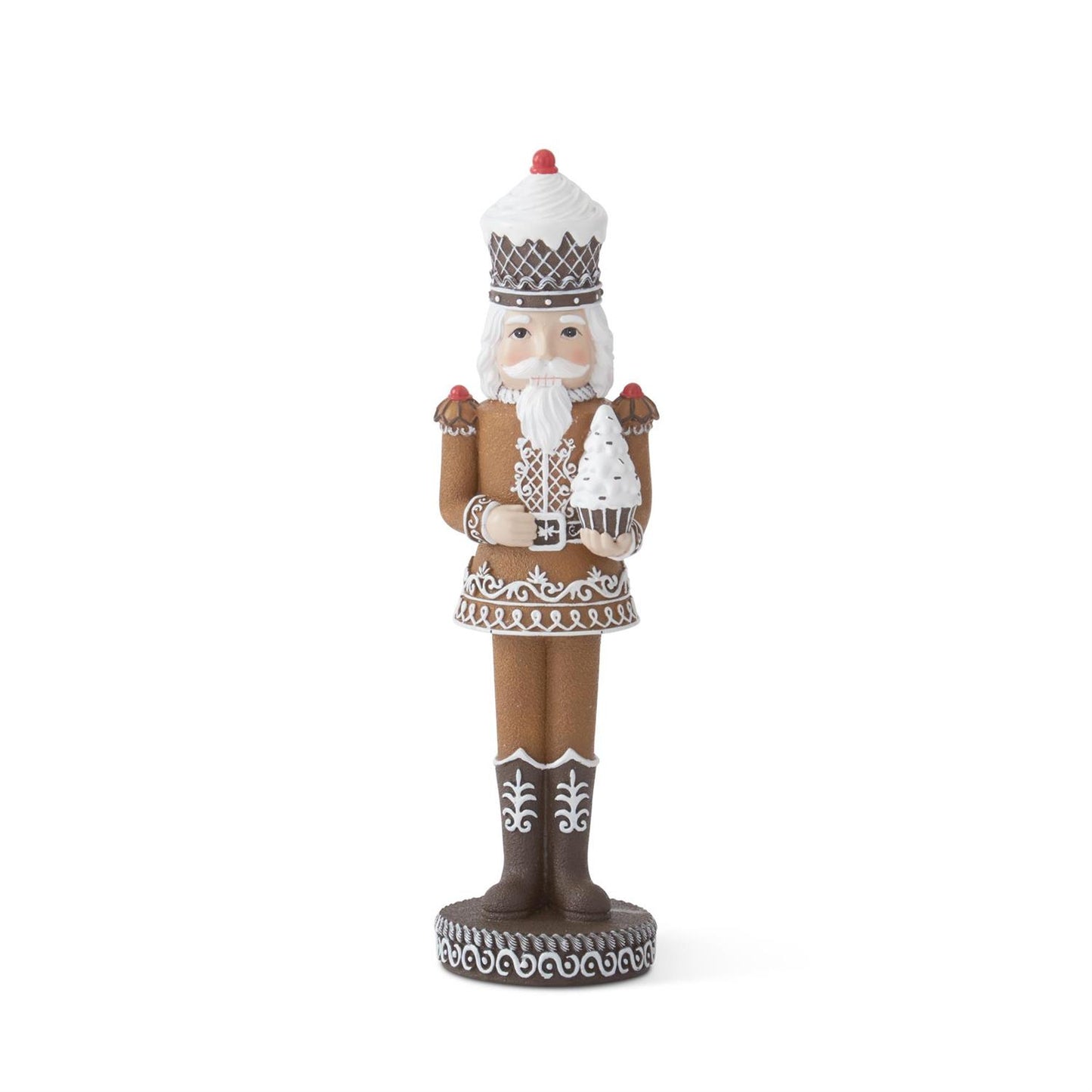 12.25" Gingerbread Nutcracker Holding White Cupcake Tree – Whimsical Christmas Figurine