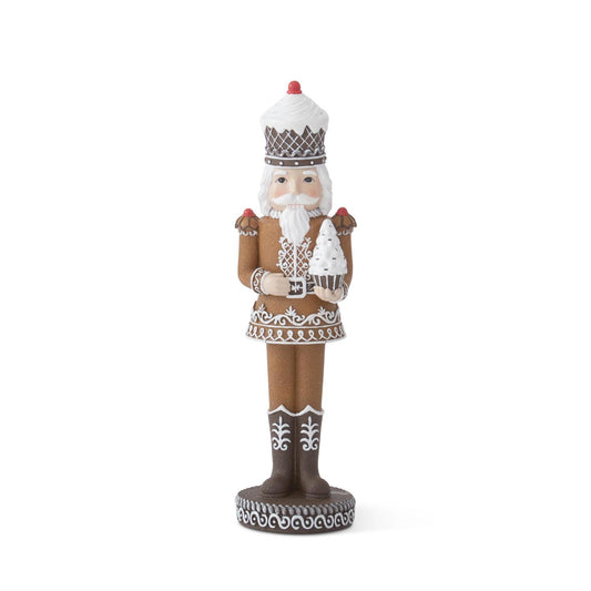 12.25" Gingerbread Nutcracker Holding White Cupcake Tree – Whimsical Christmas Figurine