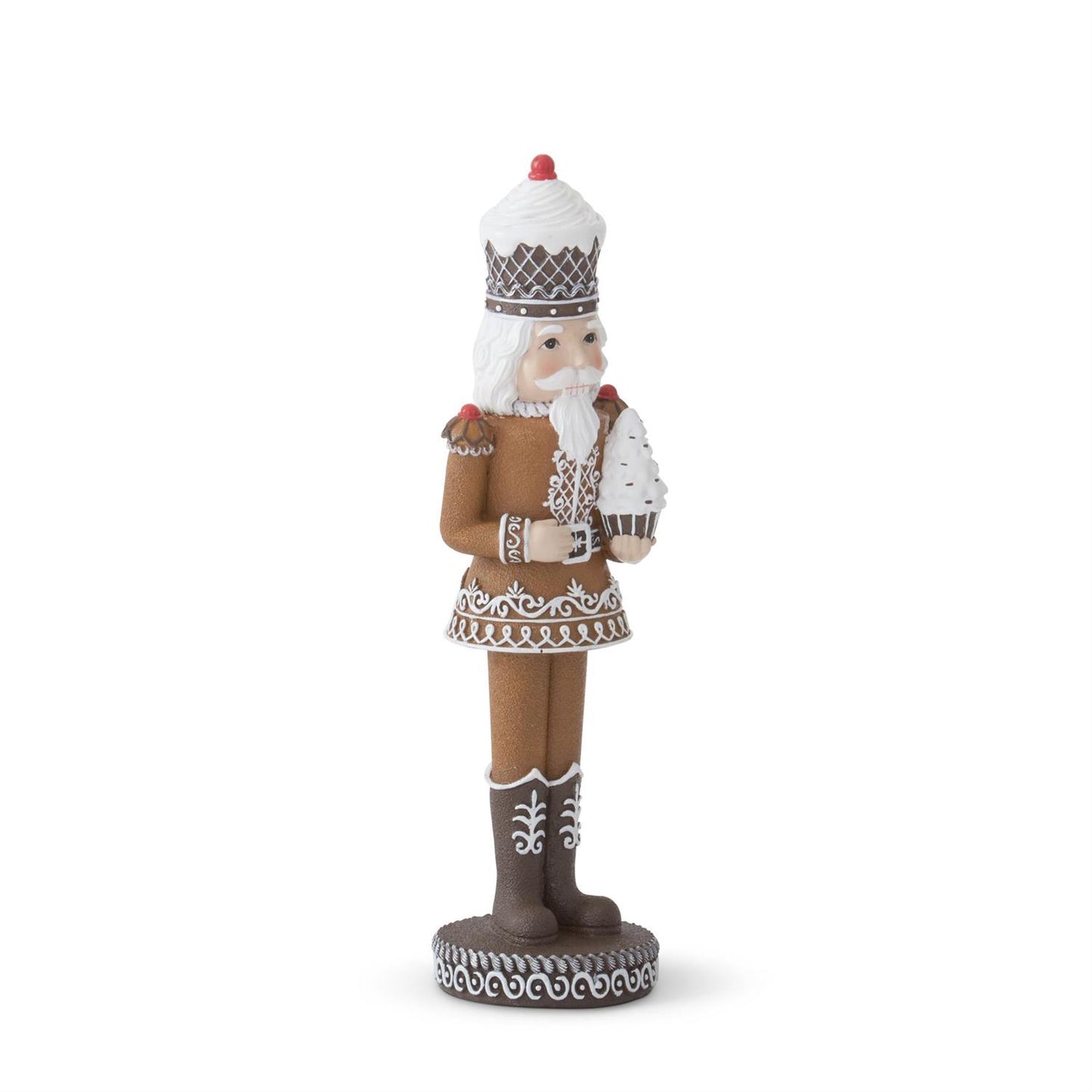 12.25" Gingerbread Nutcracker Holding White Cupcake Tree – Whimsical Christmas Figurine