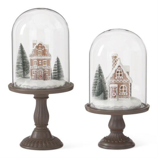LED Gingerbread Houses Under Glass Cloche – Lighted Christmas Décor with Timer