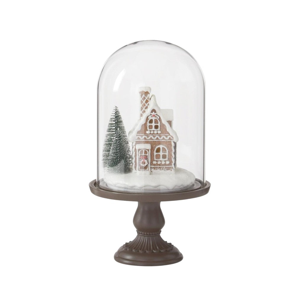 LED Gingerbread Houses Under Glass Cloche – Lighted Christmas Décor with Timer