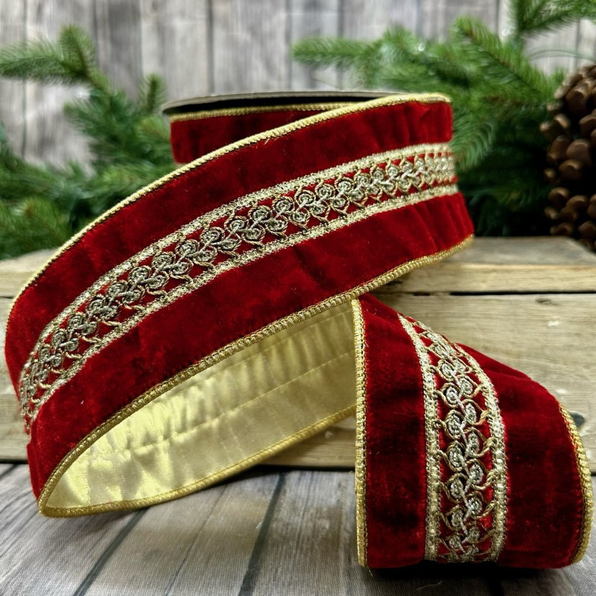 2.5" x 5yds - Red Velvet Ribbon with Gold Embroidered Trim & Wired Edges – Luxury Holiday Décor