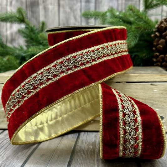 2.5" x 5yds - Red Velvet Ribbon with Gold Embroidered Trim & Wired Edges – Luxury Holiday Décor