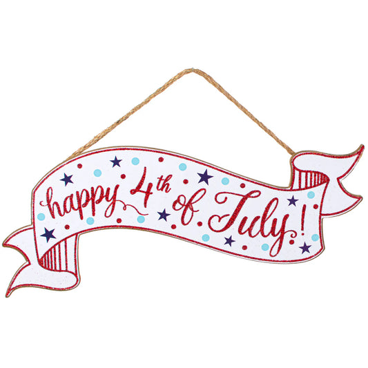 15" Happy 4th of July Hanging Banner Sign – Glitter Patriotic Decoration with Stars