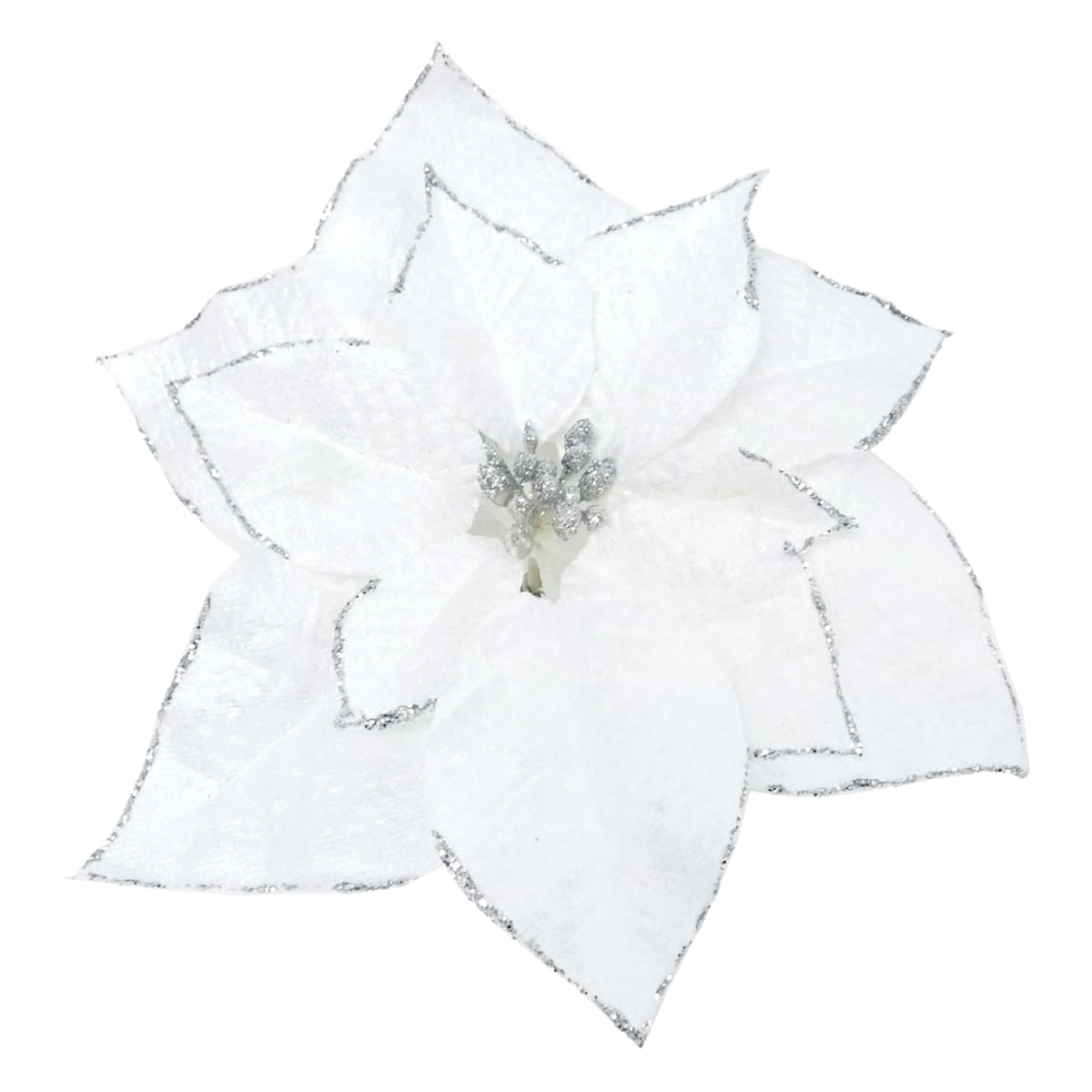 8″ White & Silver Glitter Poinsettia Clip Ornament –  Christmas Floral Accent
