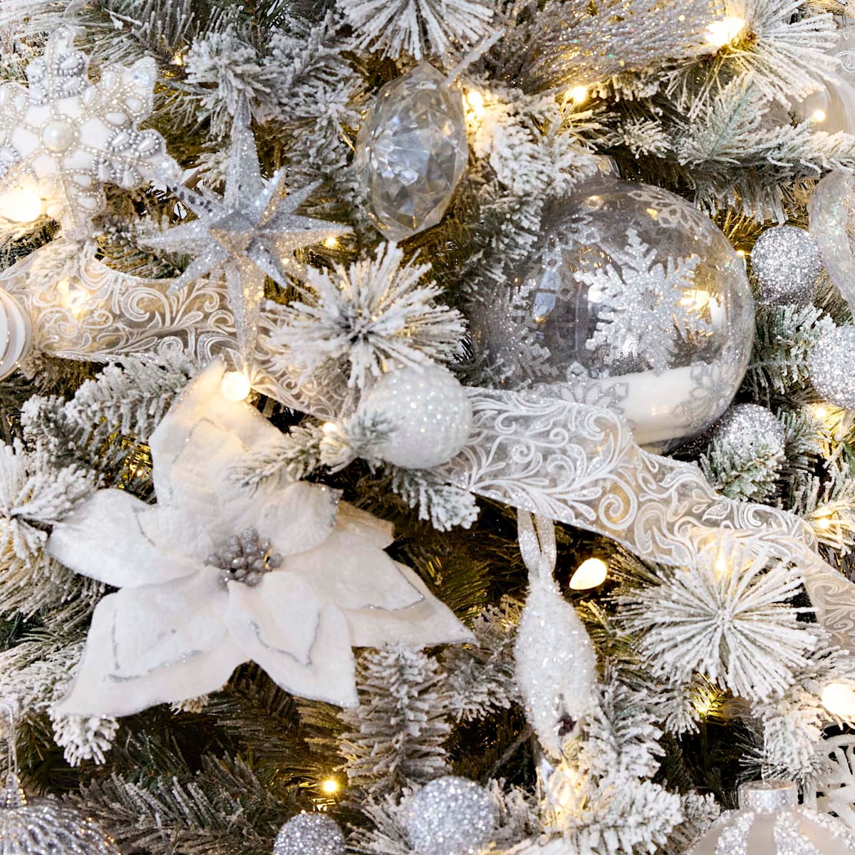 8″ White & Silver Glitter Poinsettia Clip Ornament –  Christmas Floral Accent