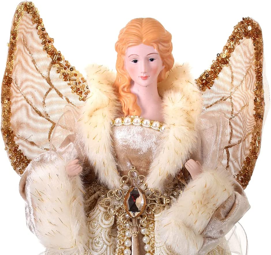 18 Inch Ivory and Gold Angel Christmas Tree Topper with Jeweled, Glittered and Brocade Accents