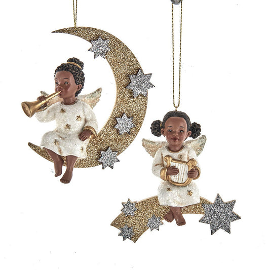 4.75" German African American Angel Ornaments – Set of 2 Assorted Christmas Decorations