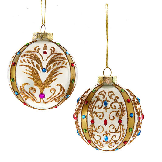 3.15" Glass White and Gold Jeweled Ornaments, Set of 2 Assorted - Elegant Christmas Tree Decorations